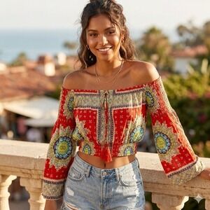 ❤️ Band of Gypsies Boho Off-Shoulder Crop Top M Festival Y2K Beach Brunch